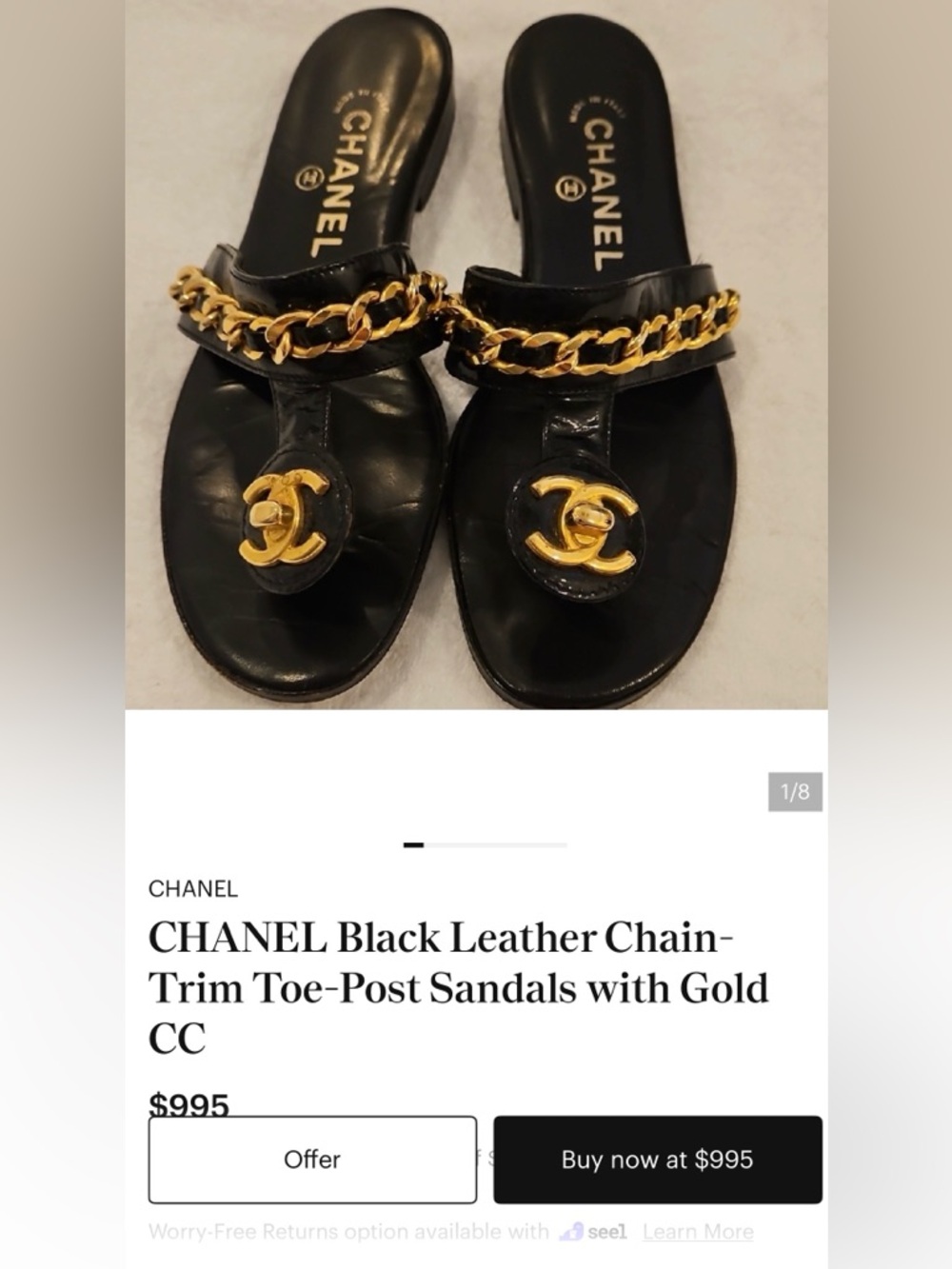 Vintage CHANEL White Leather Sandal with 24k Gold plated Chain and CC turnlock - Picture 5 of 6